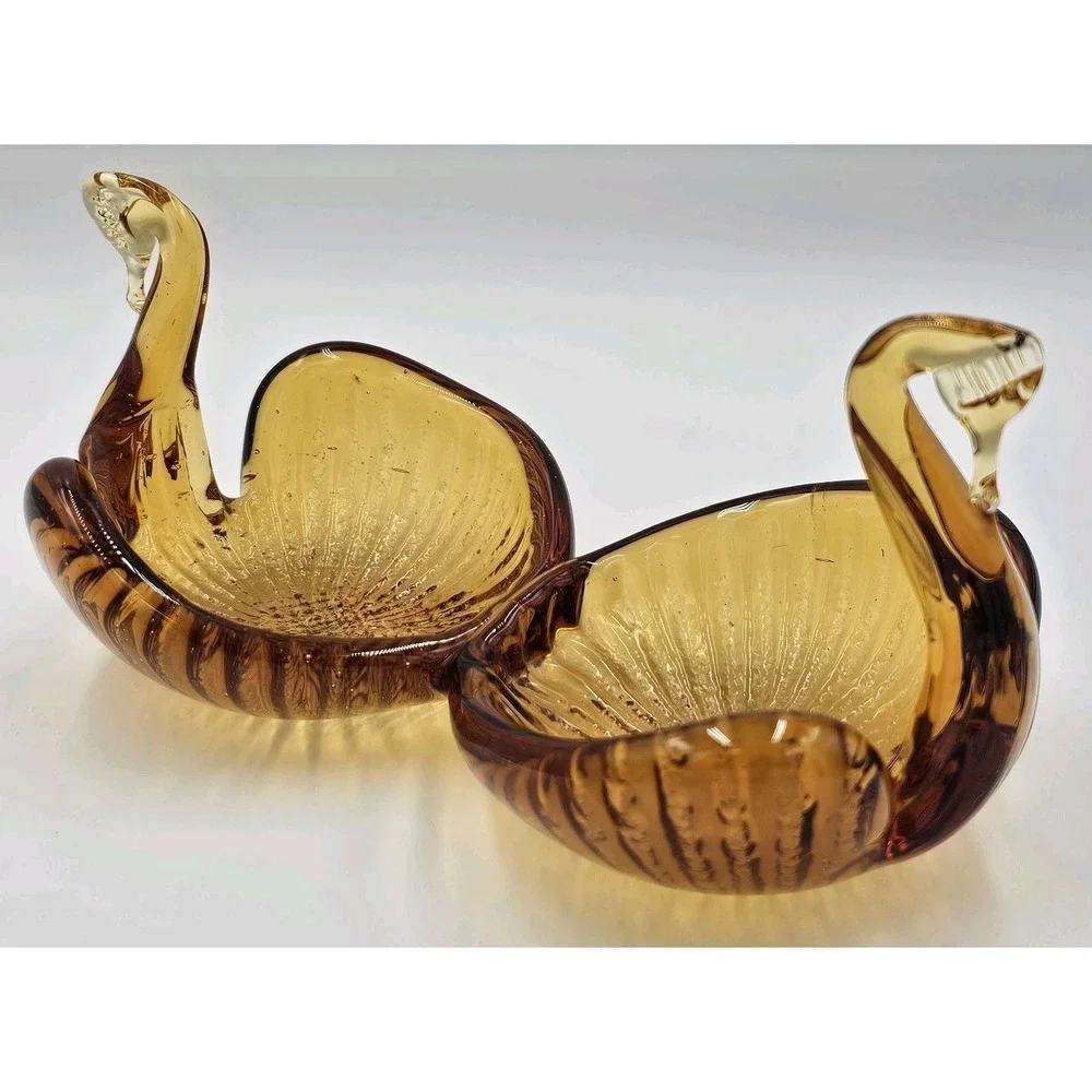 Amber Art Glass Double Bowl Swan Handle Murano Style Mid Century Decorative Dish